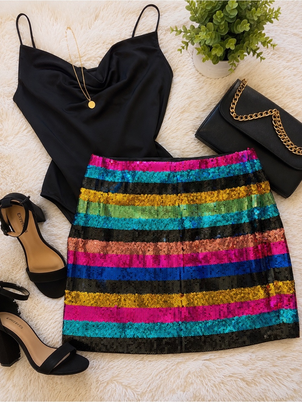 Express Rainbow Sequin Mini Skirt Large Party Club Festival E
